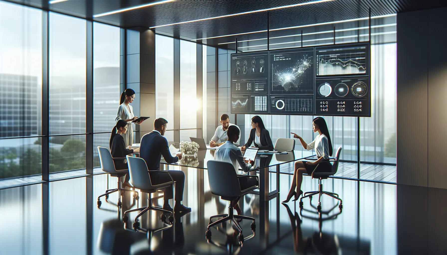 diverse team discussing data insights in a modern office.