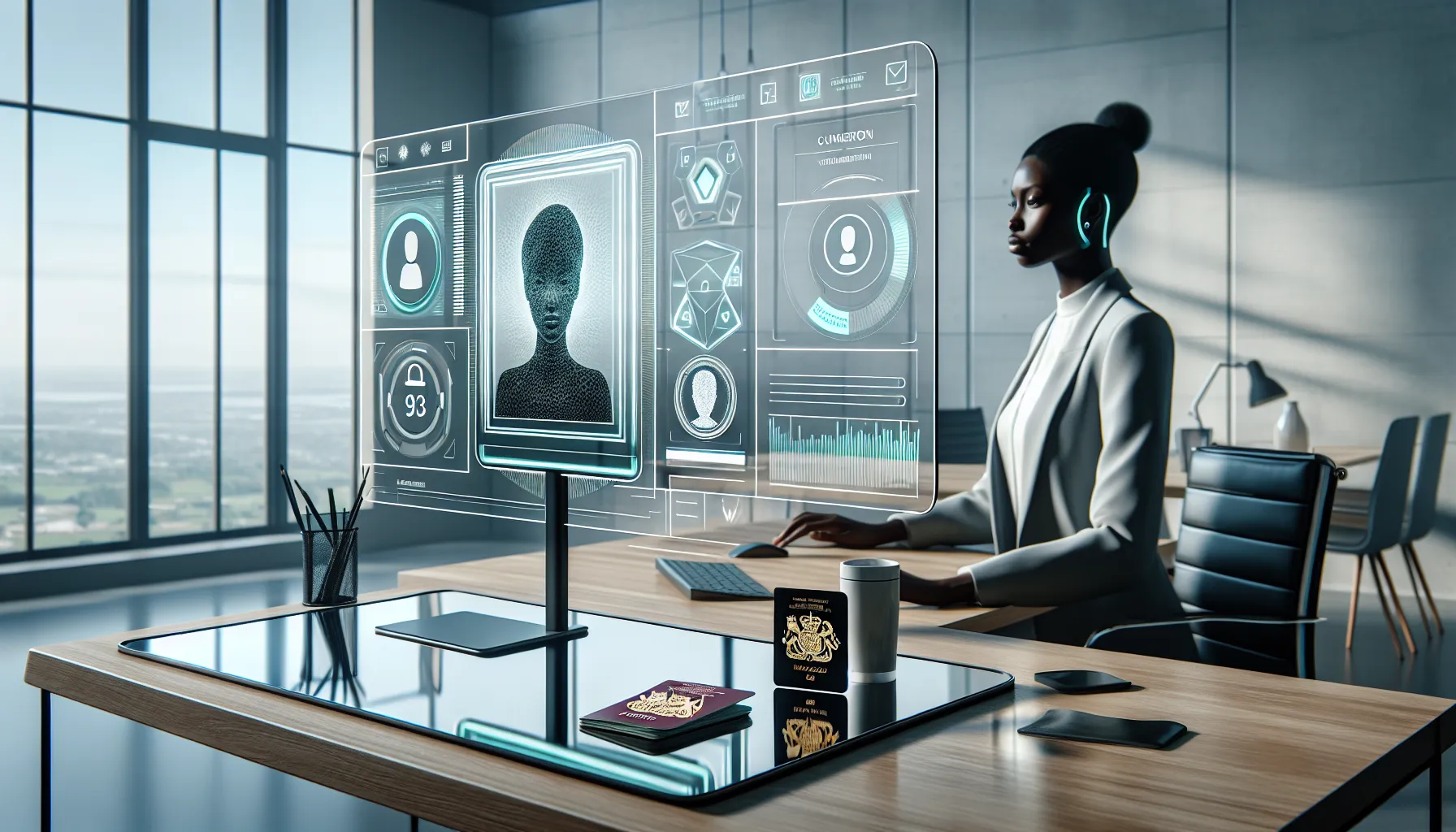 Professional at desk completing digital verification process with ID documents and verification dashboard displayed on monitor.