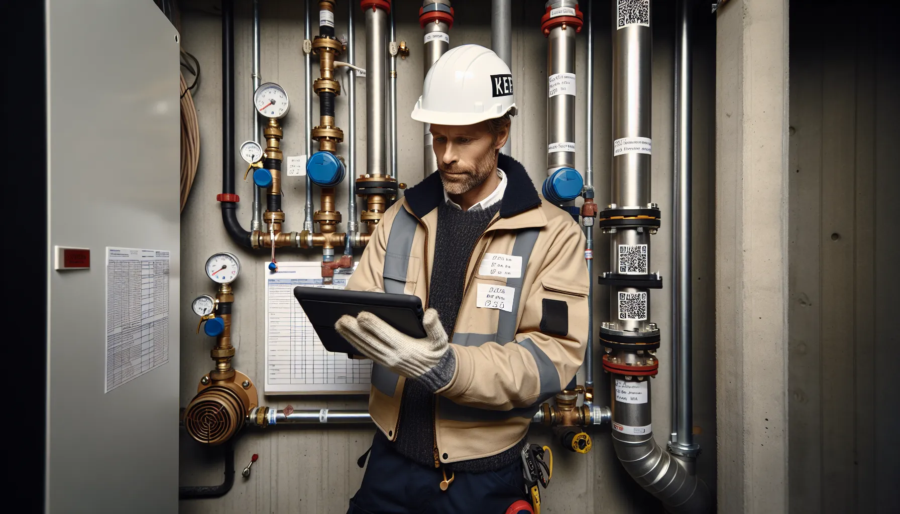 Engineer inspects upgraded norwegian piping with firestopping, sprinklers, and compliance documents.
