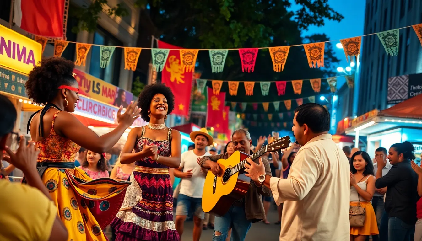 Diverse crowd celebrating at a vibrant street festival.