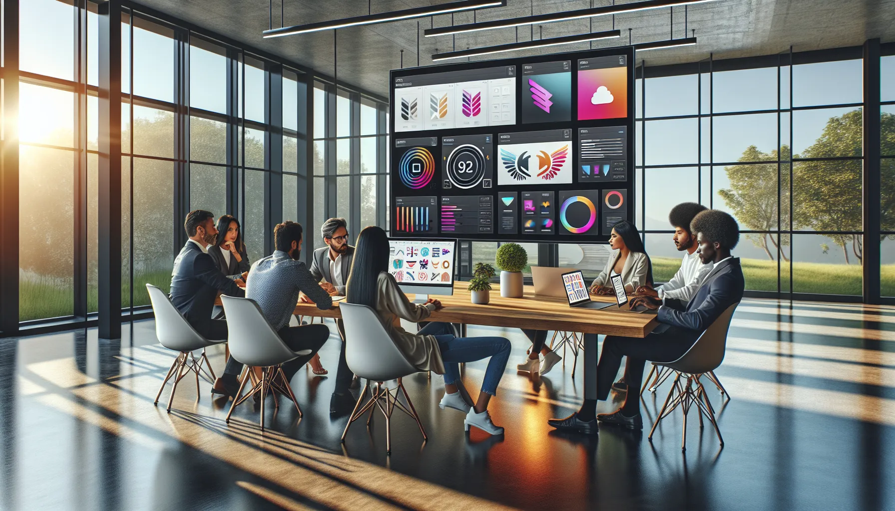 diverse graphic designers discussing logo design software options in a modern office.