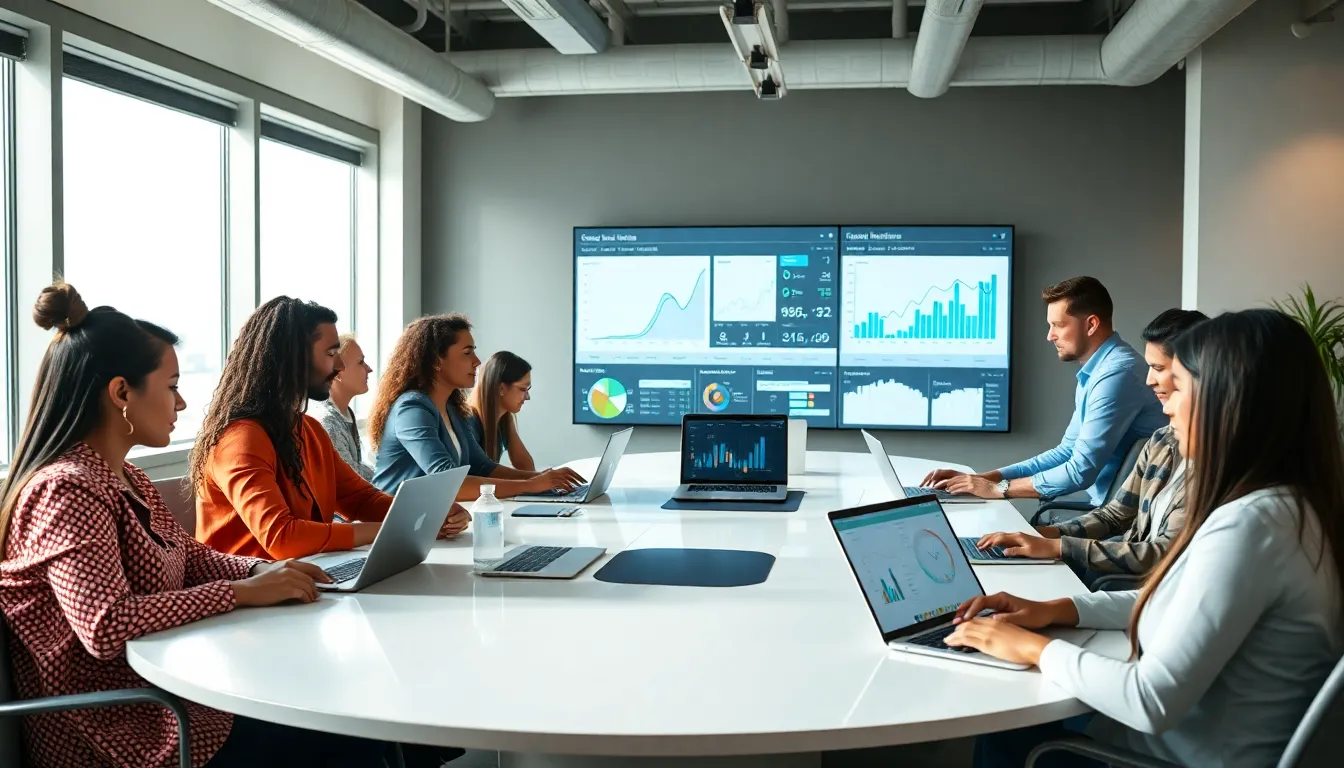 diverse team collaborating on technology and data management in a modern office.