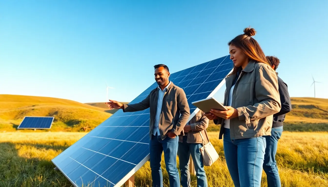 diverse individuals discussing solar energy solutions in a sunny landscape