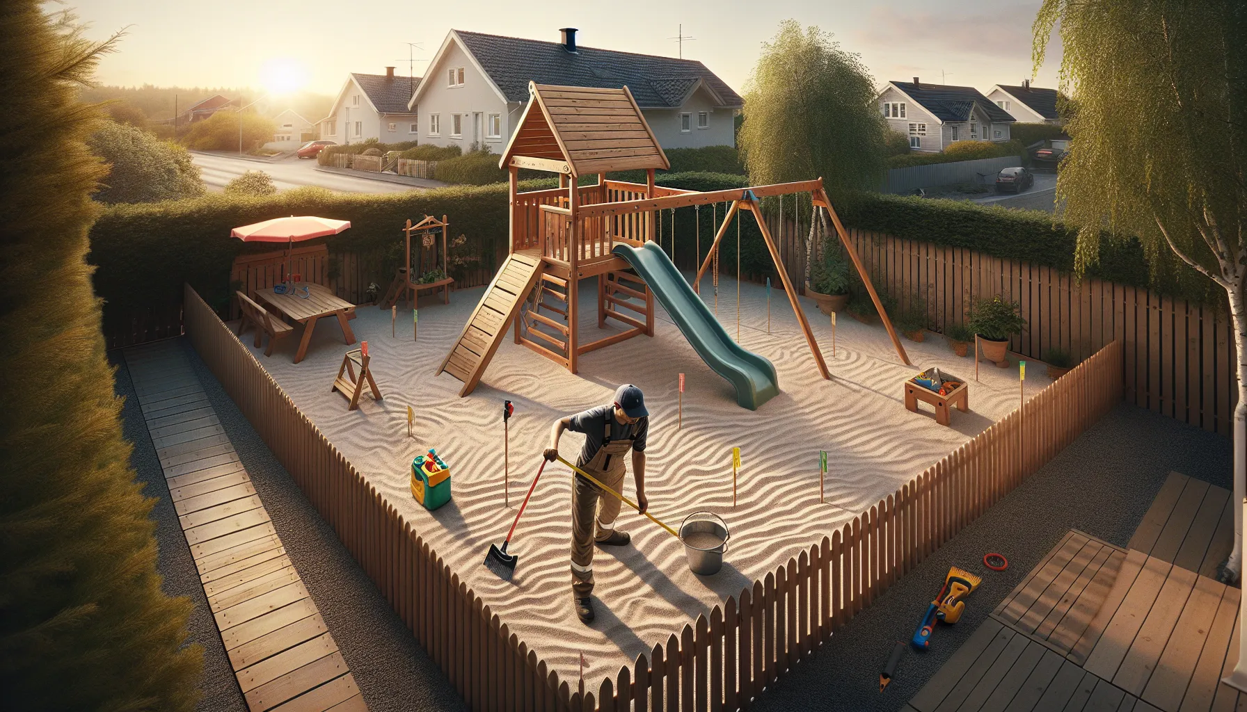 Adult measuring safe fall zones around a backyard playset in norway.