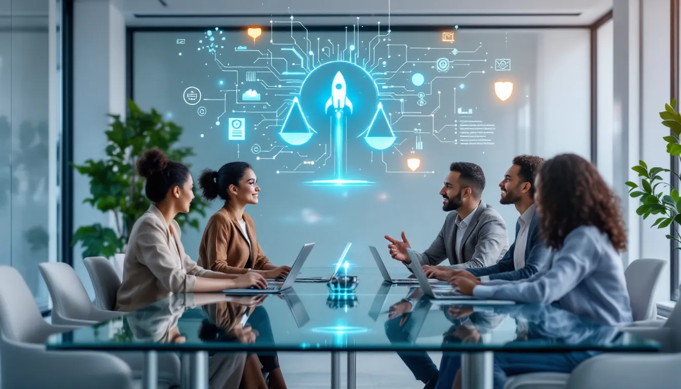 Diverse professionals collaborating around digital dashboards balancing innovation and responsible AI governance.