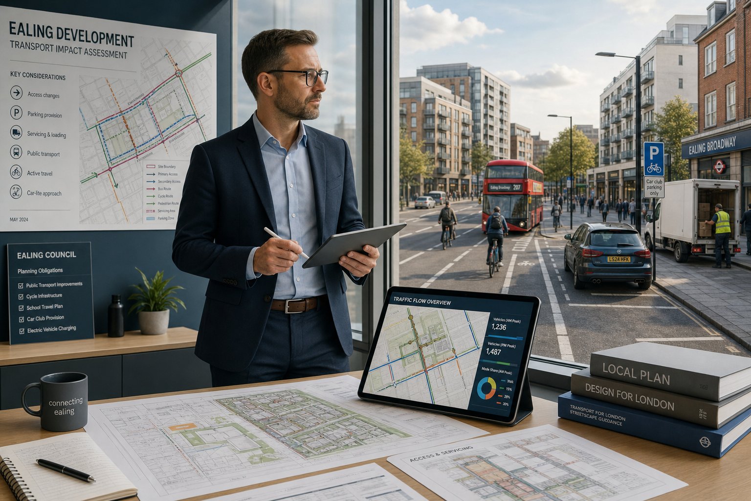 Traffic engineer reviewing development transport plans for an Ealing urban site.