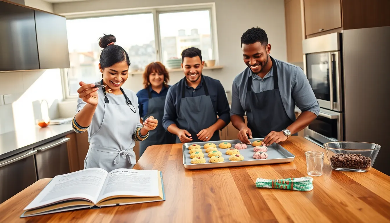 diverse bakers creating cookies in a modern kitchen.