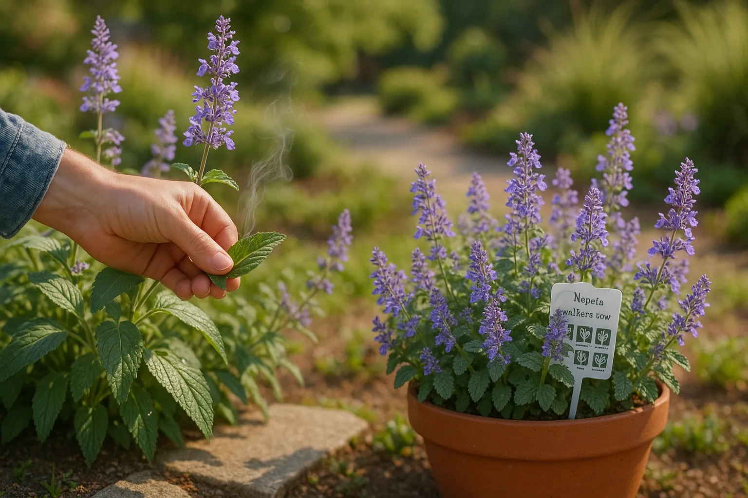 Side-by-side Nepeta Six Hills Giant and Walker’s Low in a sunlit garden.