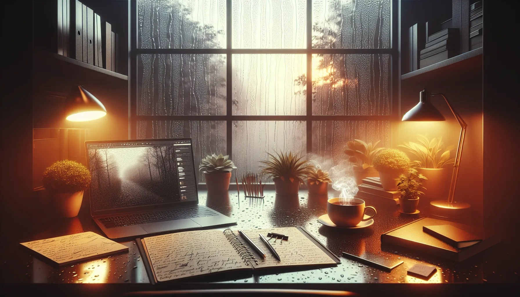 workspace with a rain-soaked window and creative tools.