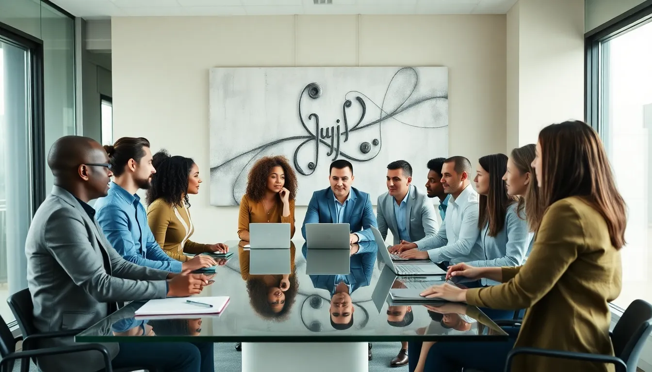 diverse team discussing complex ideas in a modern conference room.