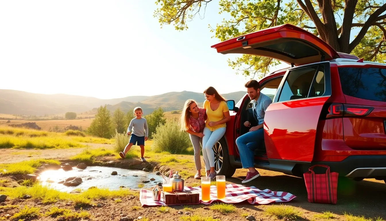 family enjoying a nature road trip with kids in a scenic setting.