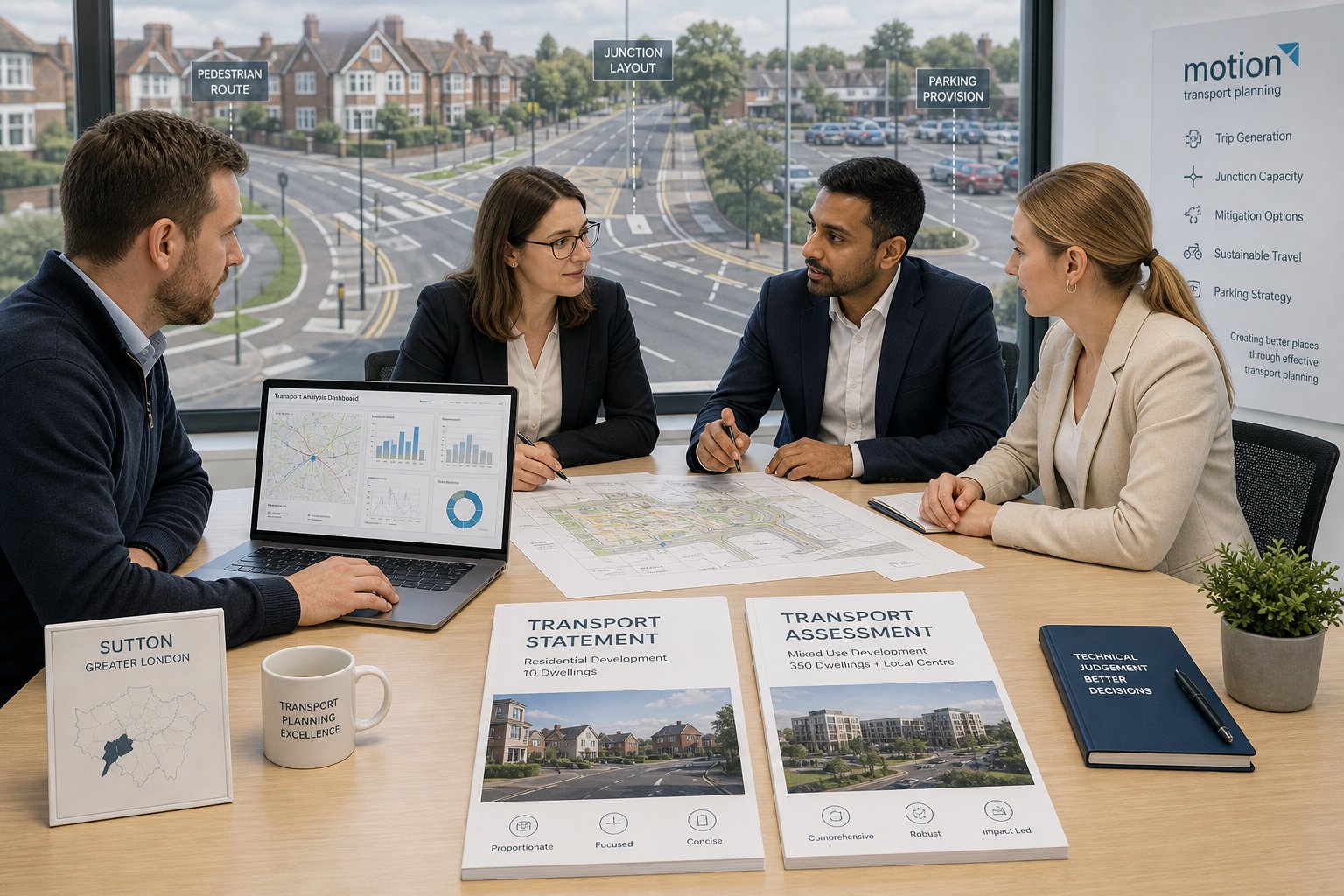 Traffic engineer reviewing transport assessment and statement in a modern UK office.