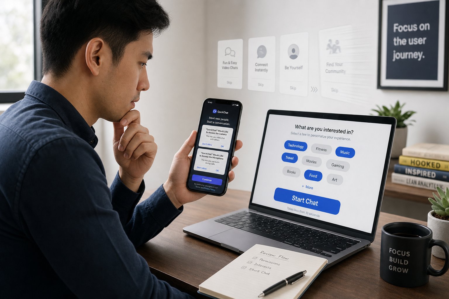 Professional reviewing Monkey app onboarding with camera and microphone permission prompts.