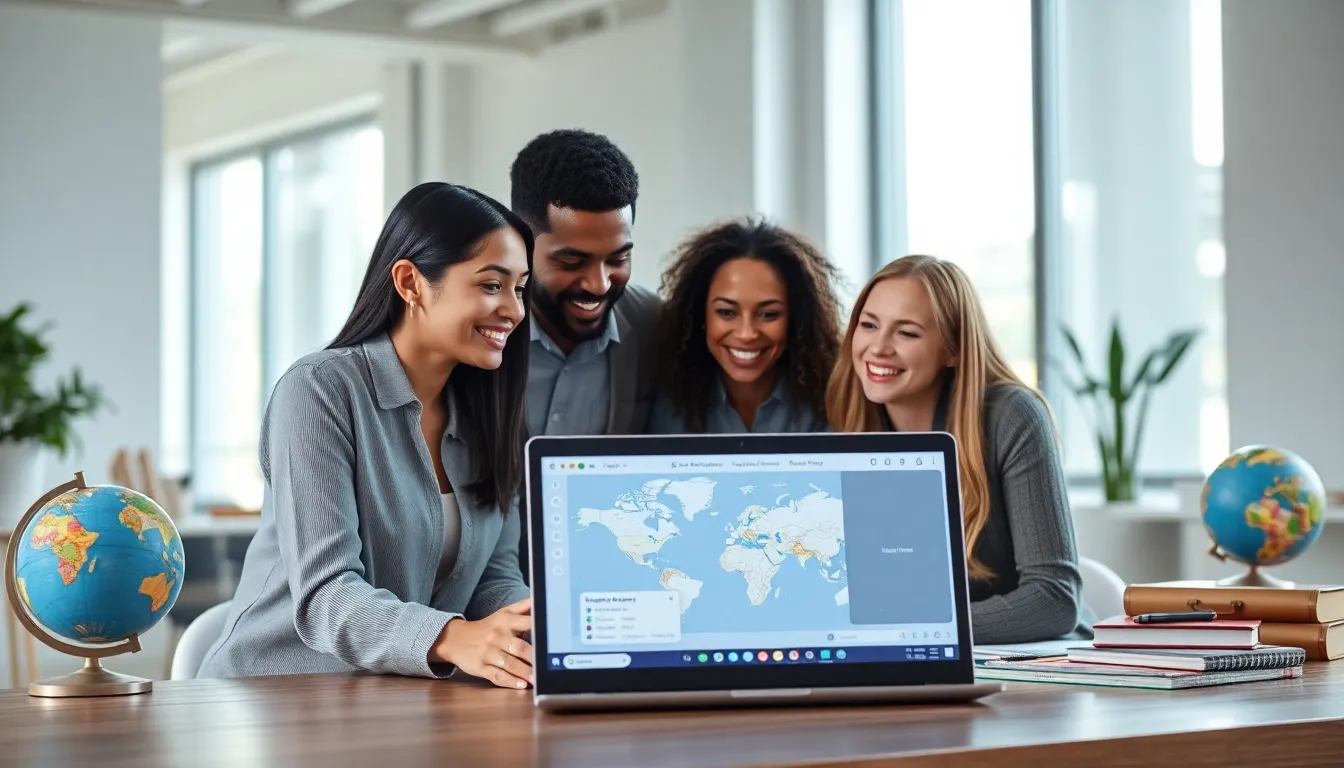 diverse team discussing travel plans around a laptop.