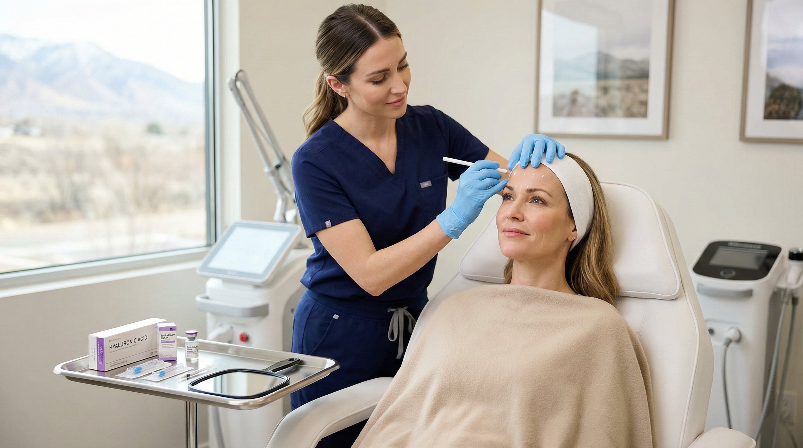 a cosmetic provider preparing a woman for non-invasive facial treatment in a clinic