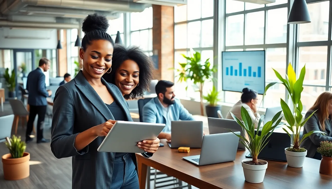 a diverse group of entrepreneurs collaborating in a modern co-working space.