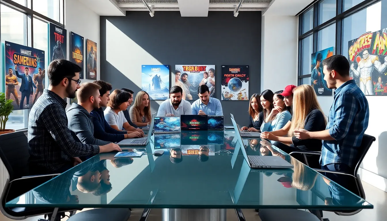 diverse game developers collaborating in a modern office.
