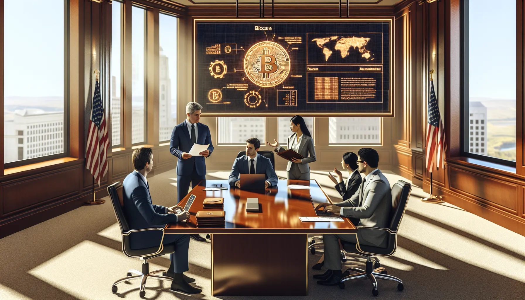 Government officials and business professionals discussing Bitcoin regulation in a Washington D.C. conference room.