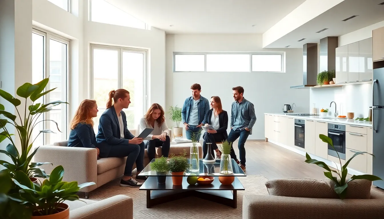 modern sustainable apartment with eco-friendly design and diverse professionals.