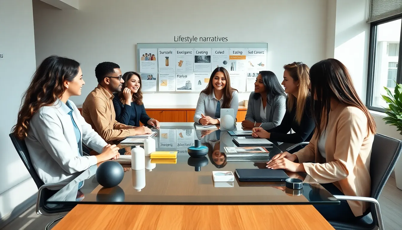 diverse team discussing products in a modern office setting.