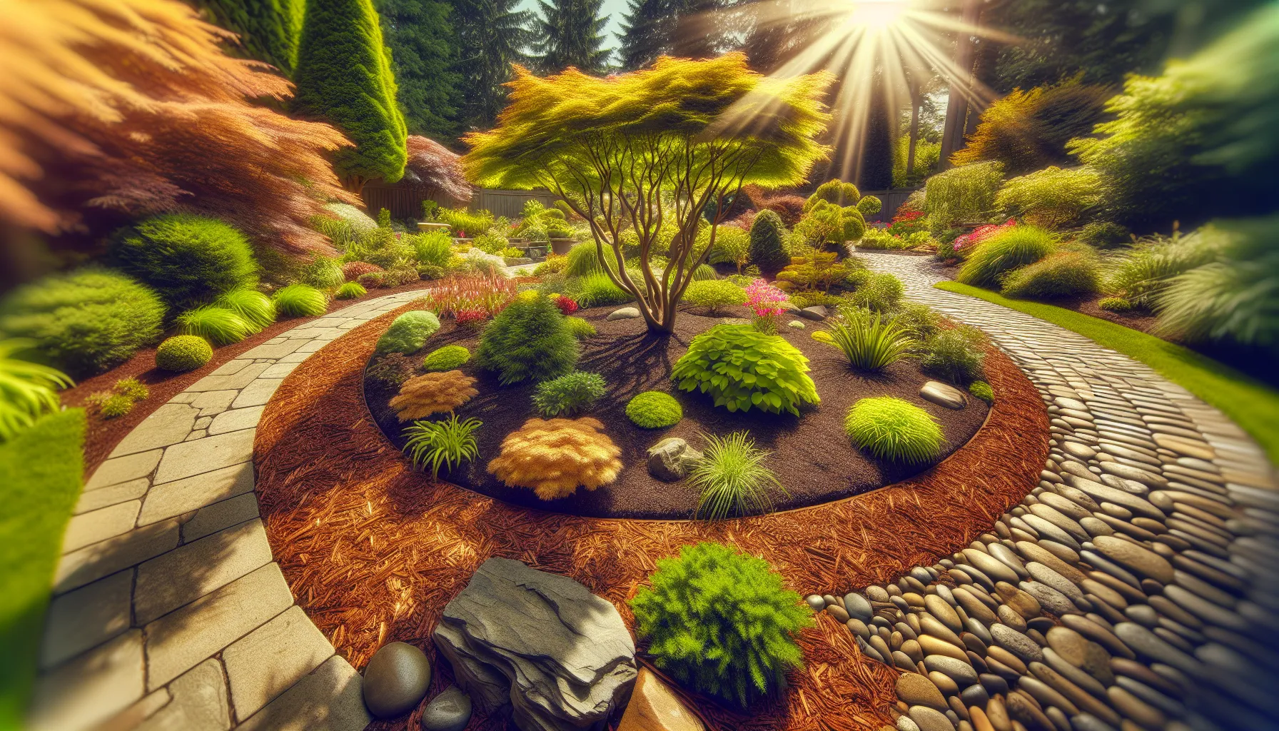 A garden with organic mulch and plants next to a rock-mulched path.