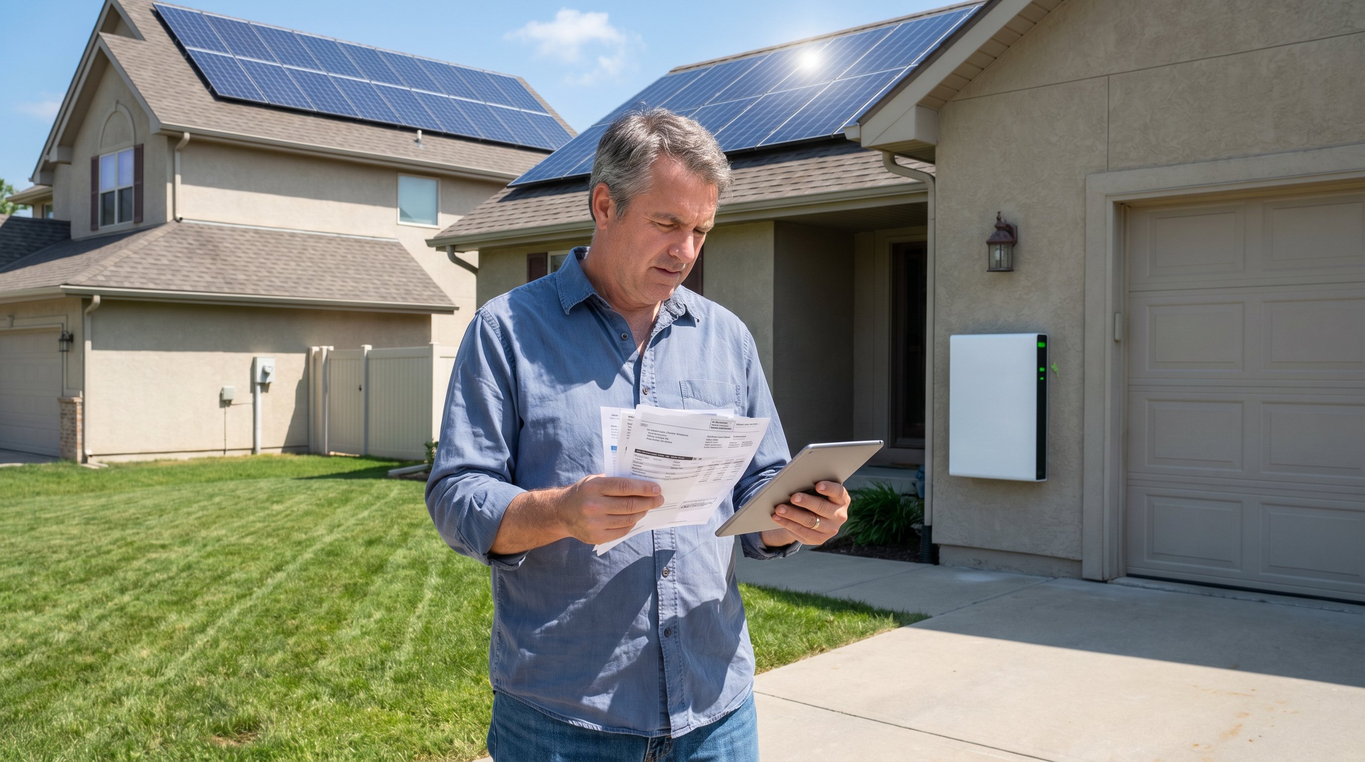 Homeowner reviewing utility bills near house with rooftop solar panels and battery storage unit.