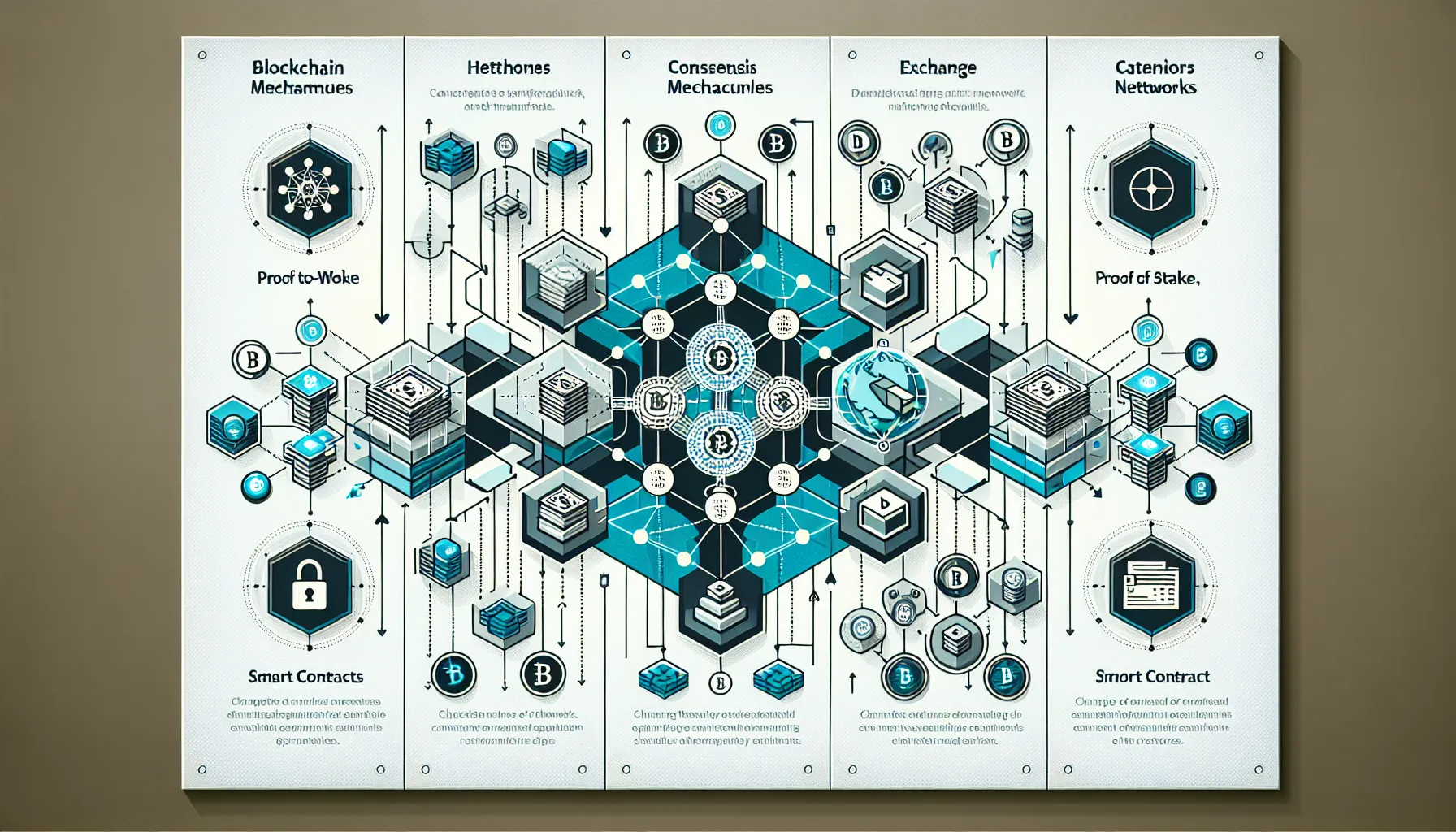 Layered infographic showing blockchain network types, transfer categories, and maturity comparison framework.