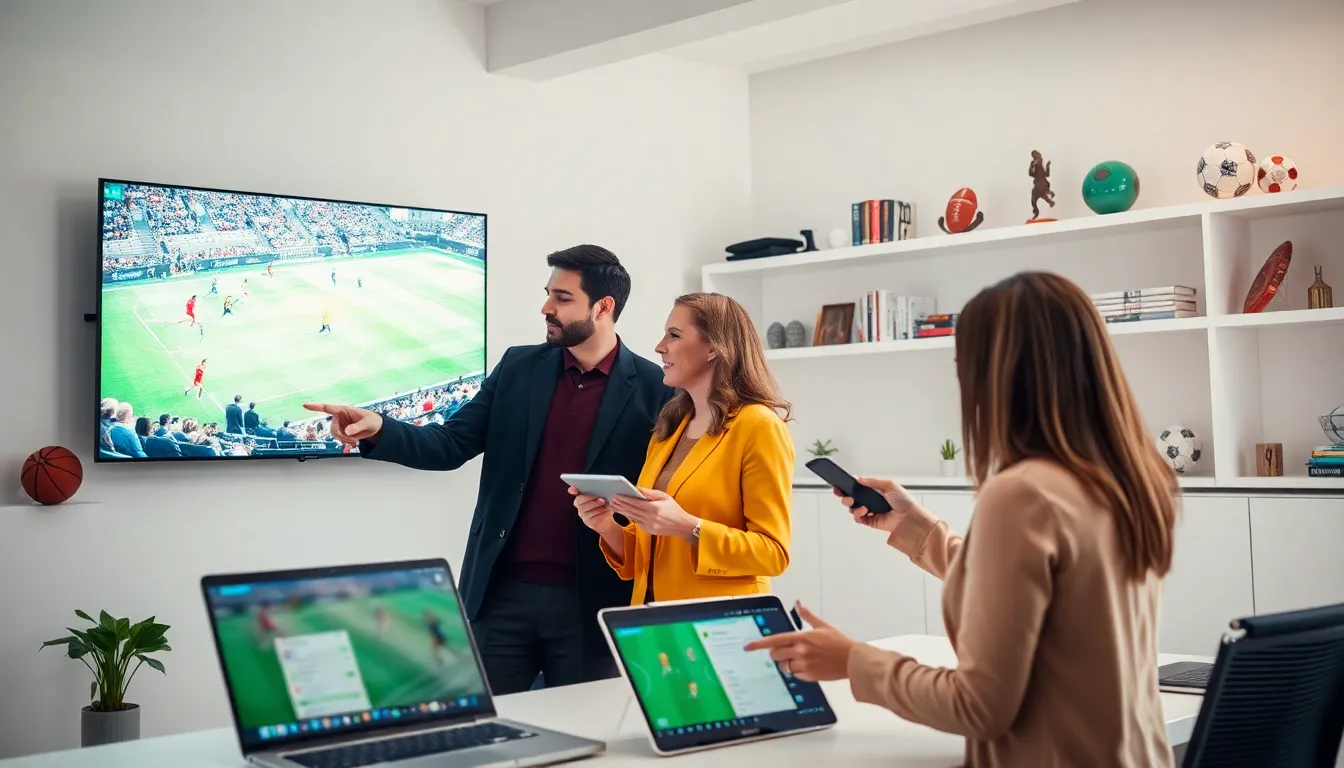diverse professionals interacting with live sports streaming in a modern workspace.