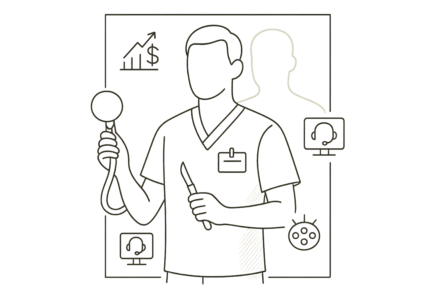 Physician assistant juggling clinical duties, revenue chart, telehealth and surgical icons.