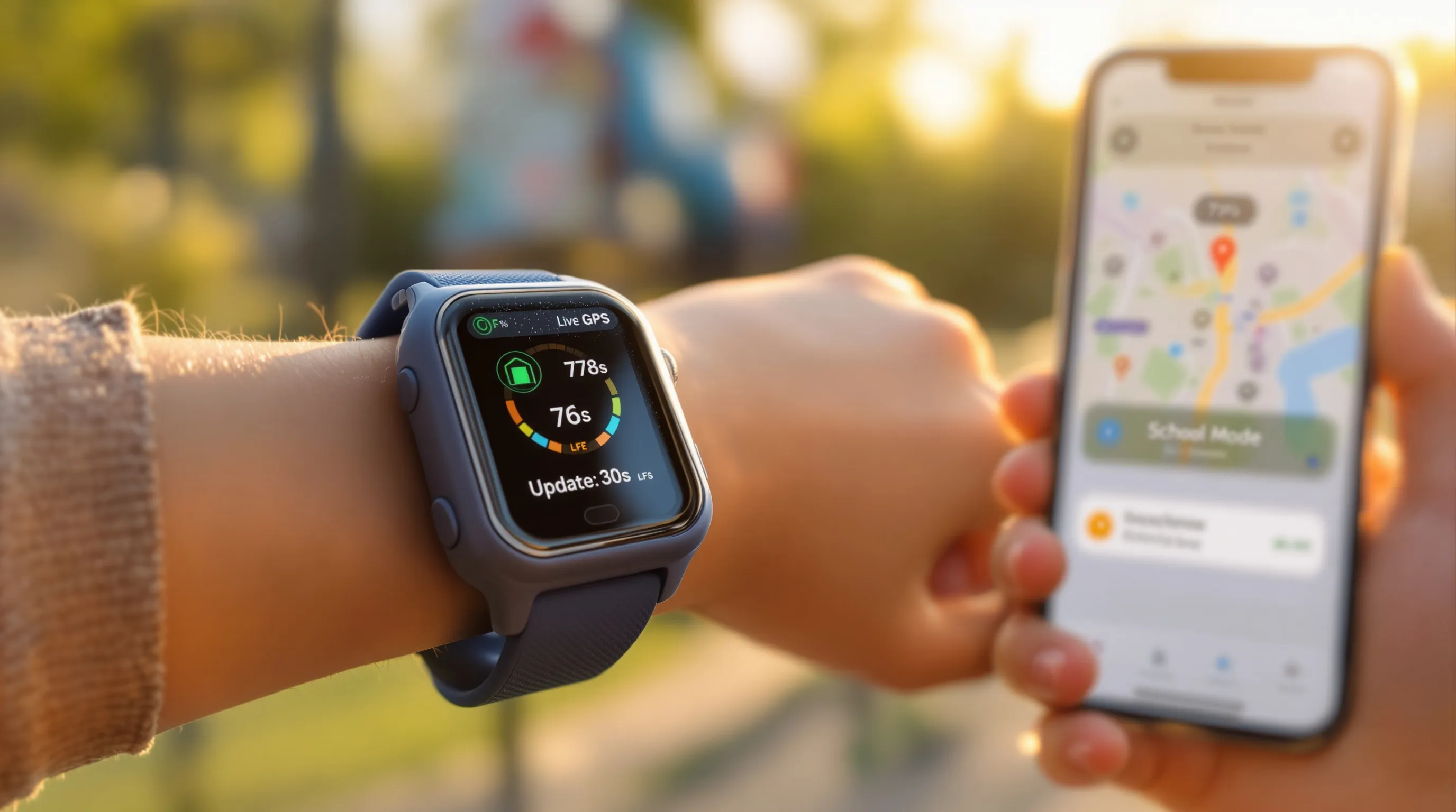 Child wearing durable GPS kids smartwatch with SIM at a playground.