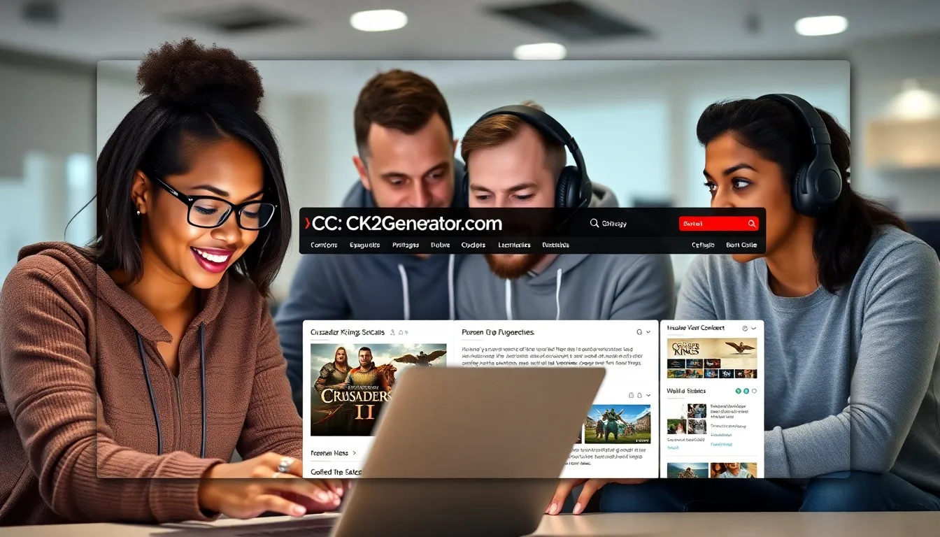 gamers collaborating over CK2Generator.com guides in a modern office.