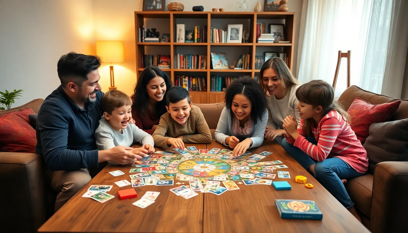 family playing board games together in a cozy living room.