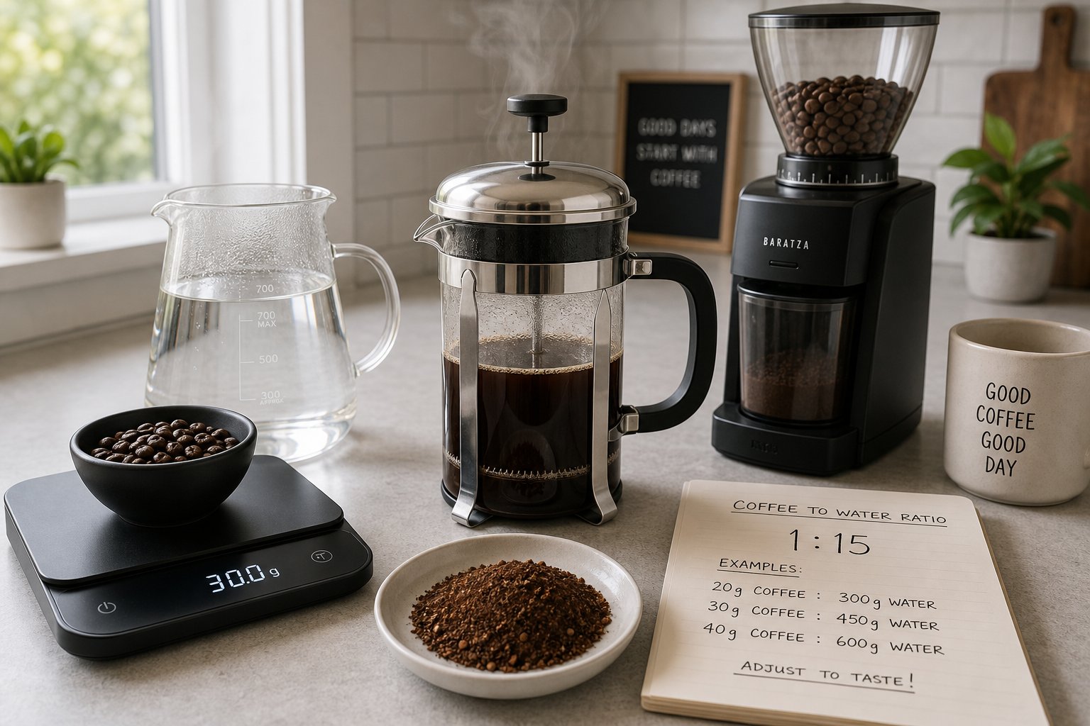 French press with scale, burr grinder, and measured coffee-to-water ratio notes.