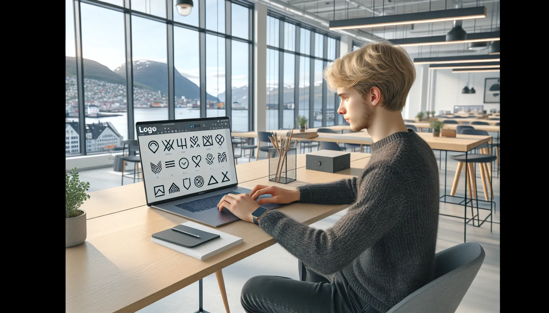 Norwegian entrepreneur using an ai logo design tool on a laptop in a co-working space.