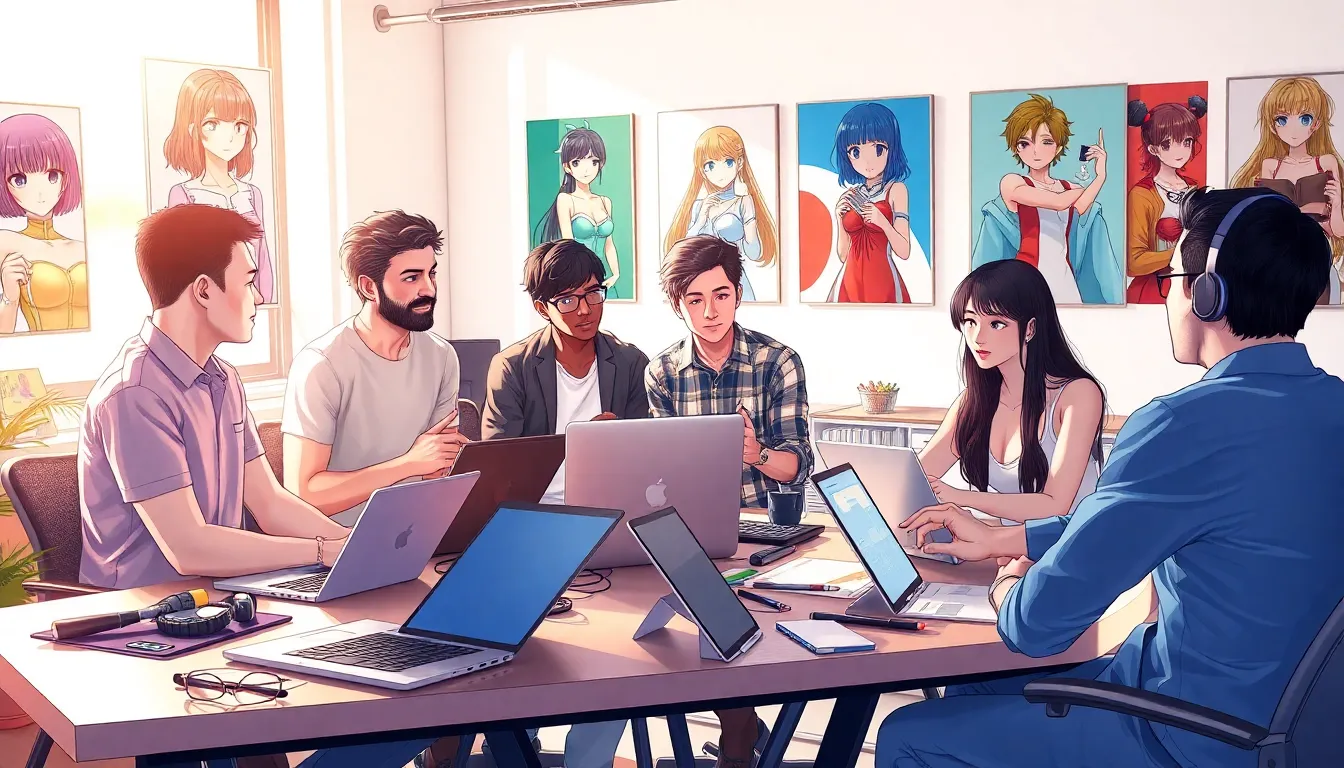 diverse fans discussing hentai in a modern creative workspace.