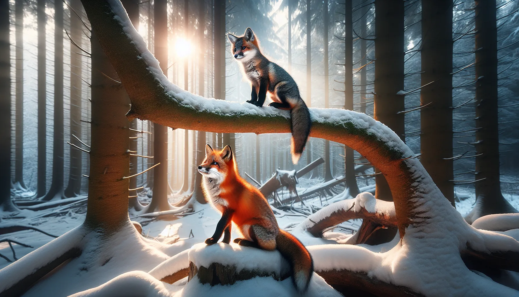 A Red Fox on snow and a Gray Fox perched on a tree branch in a forest.