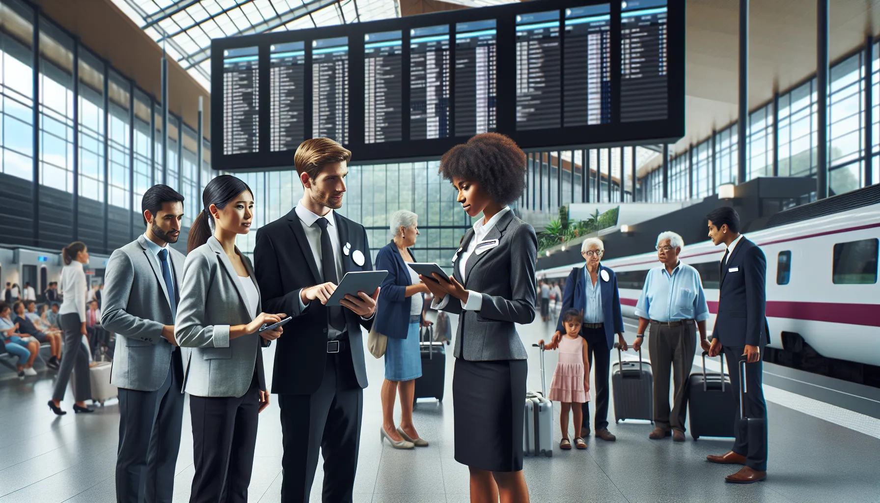 diverse team of ticket representatives engaging with passengers in a modern station.