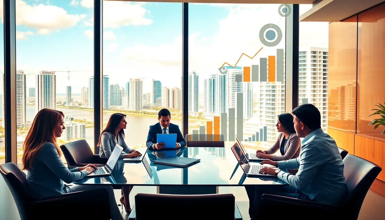 diverse professionals discussing real estate trends in a modern Miami office.