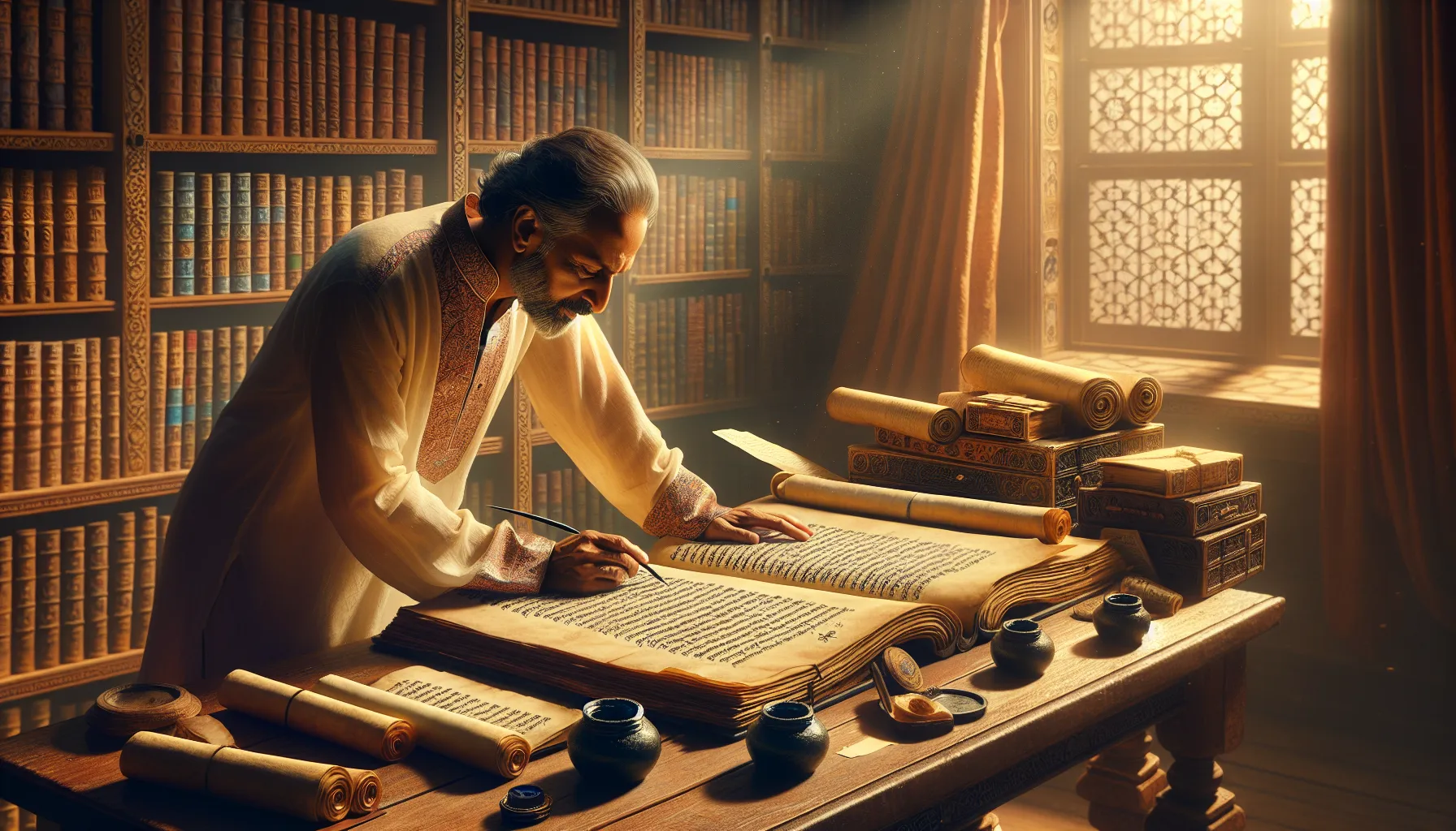 A scholar examining ancient Sanskrit manuscripts on a wooden table.