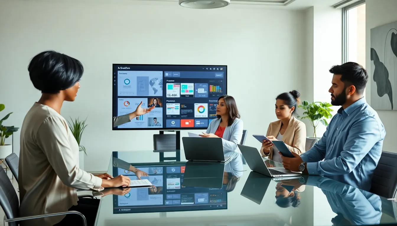 diverse professionals collaborating on software applications in a modern office.