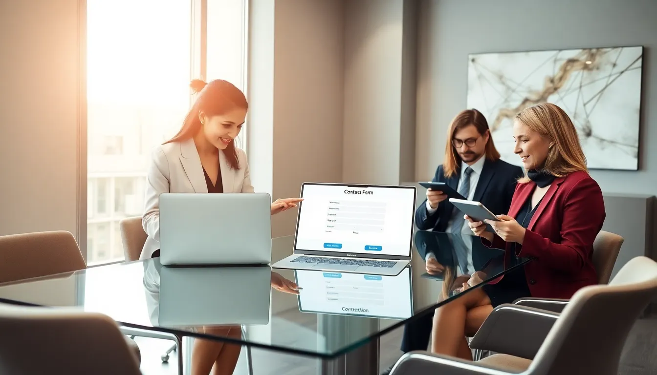 diverse professionals discussing a digital contact form in a modern office.