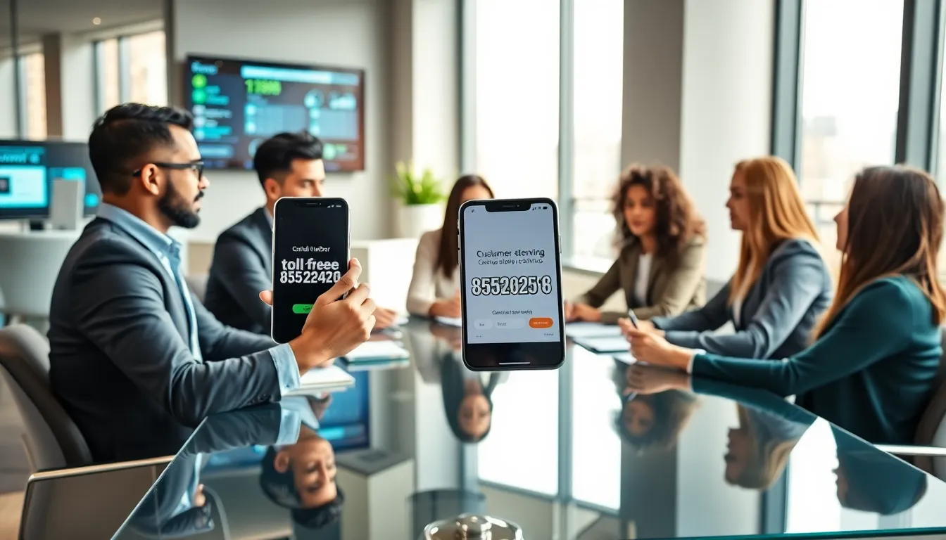 professionals in an office engaging around a toll-free number discussion.