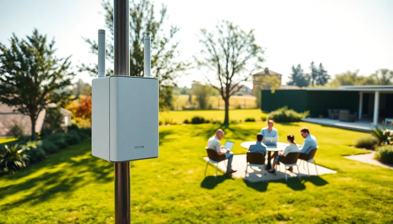 WiFi extender in a garden with professionals collaborating outdoors.