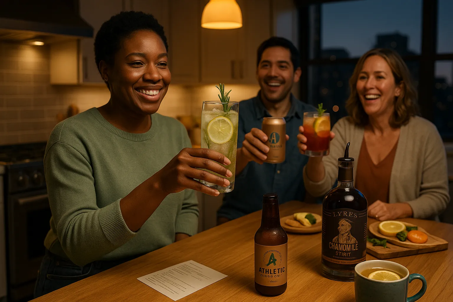 Smiling woman toasting mocktail amid friends with nonalcoholic drinks on kitchen island.