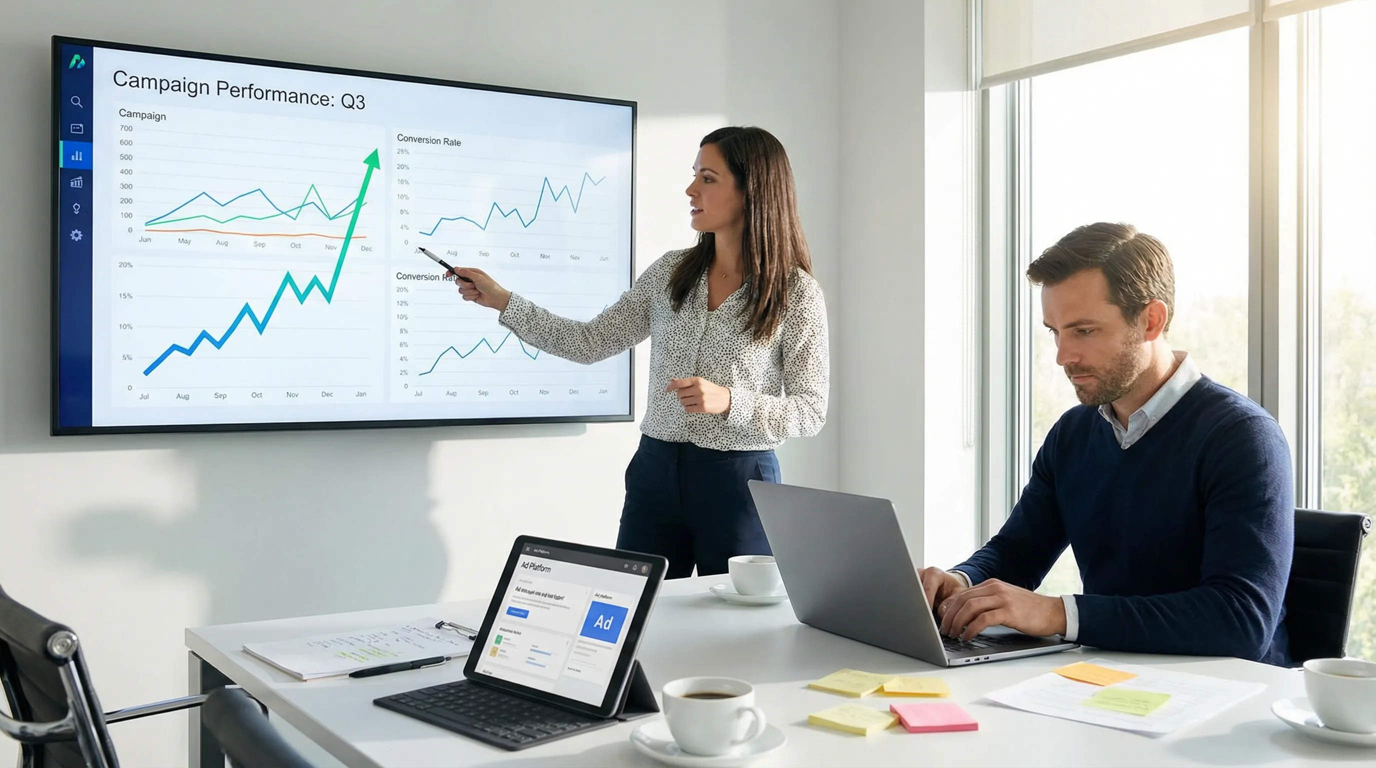 Team in a modern meeting room reviewing evolving performance charts on a large screen while making changes on a laptop.