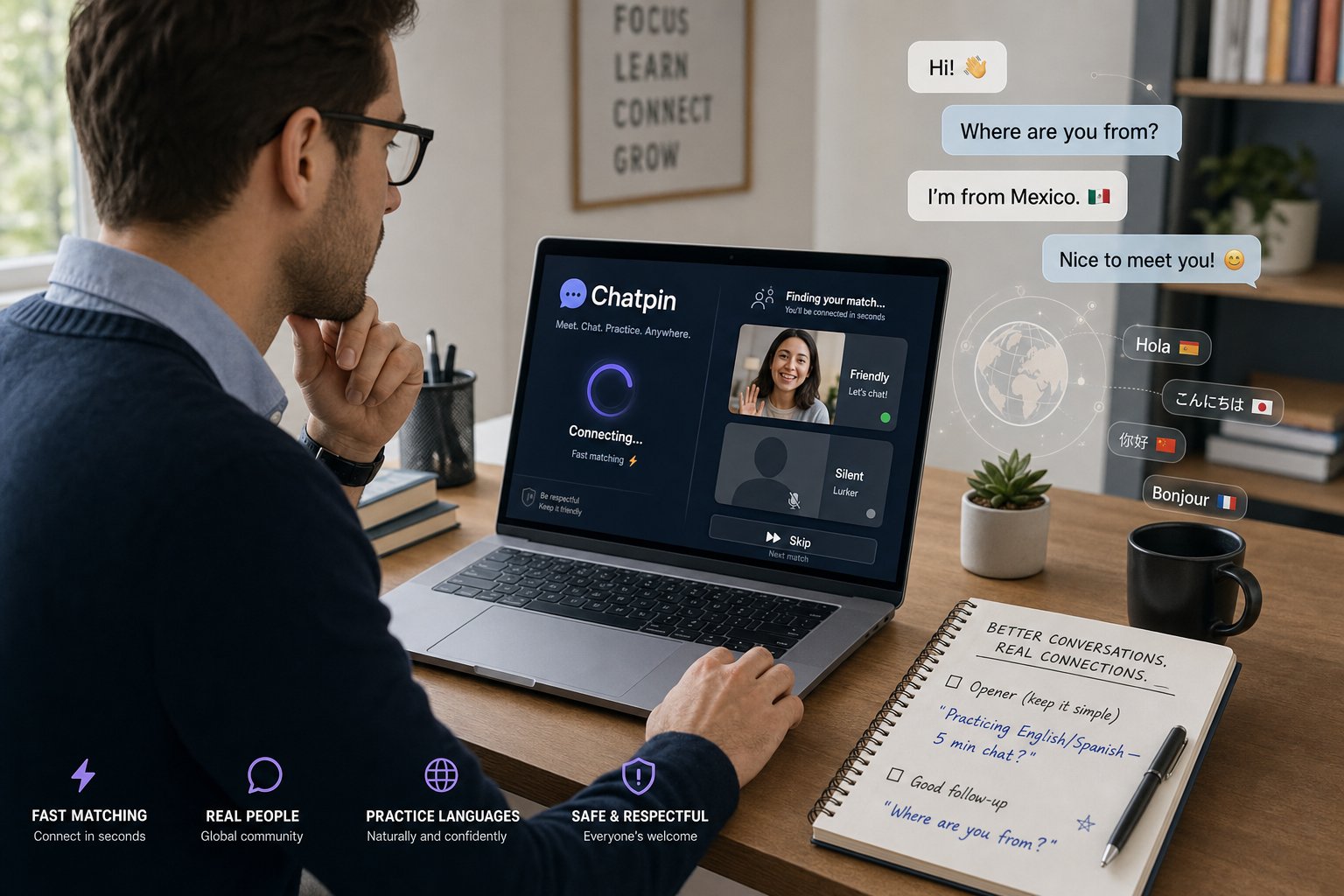 Professional using Chatpin on laptop, showing quick matches and mixed conversations.