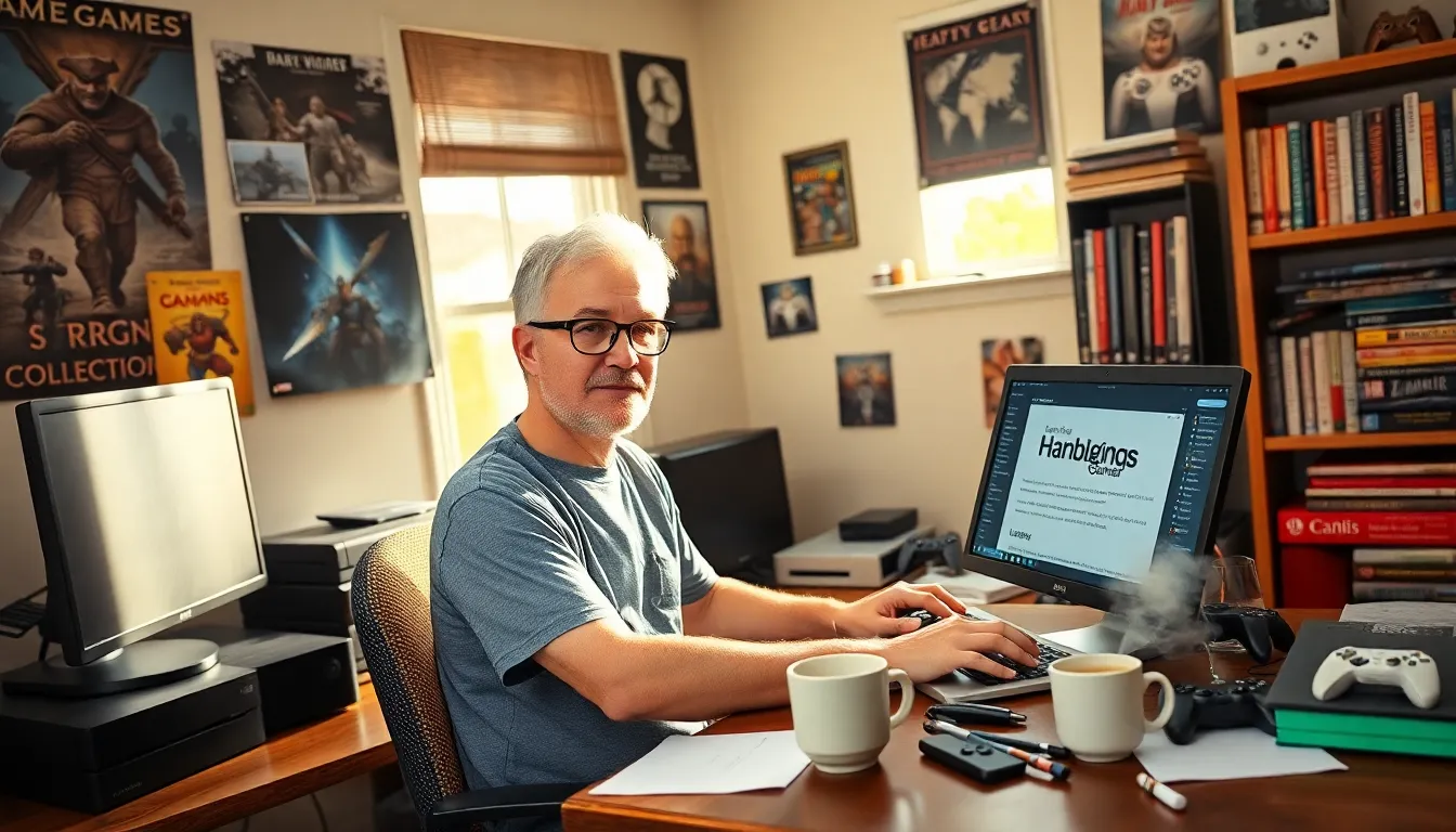 Larry at his desk, creating gaming guides in a cozy room.