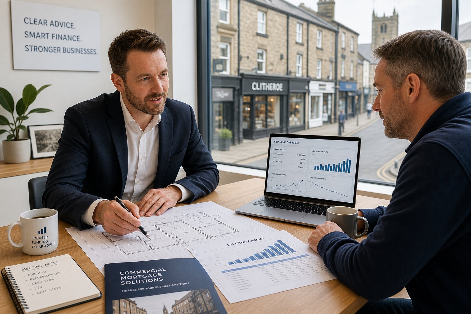 Business owner and adviser reviewing property plans and finances in a modern office with a view of Clitheroe.