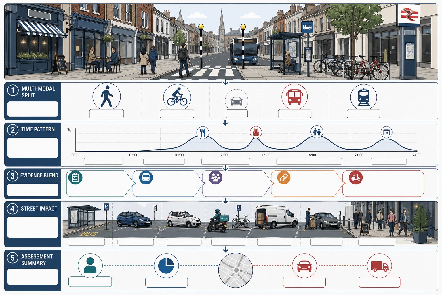 Infographic showing high street fast food trip patterns, travel modes, and street impacts.