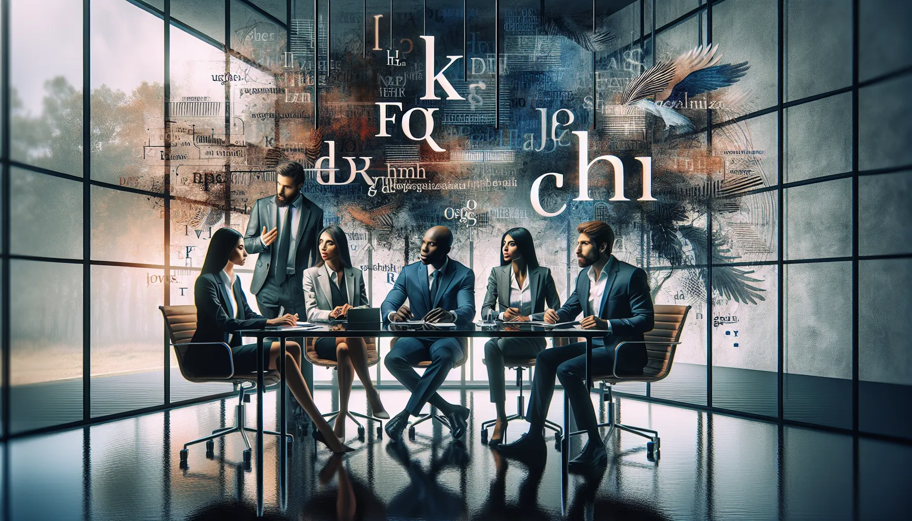 diverse professionals discussing linguistics in a modern office.